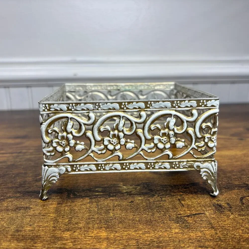 Vintage MCM Tissue Holder Square Metal Filigree Hollywood Regency Shabby Chic
